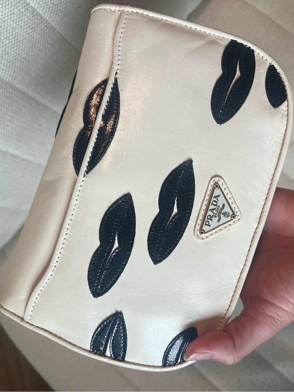 Prada Cream Leather Lip Motif Zip Cosmetic Pouch with Black Appliqué
